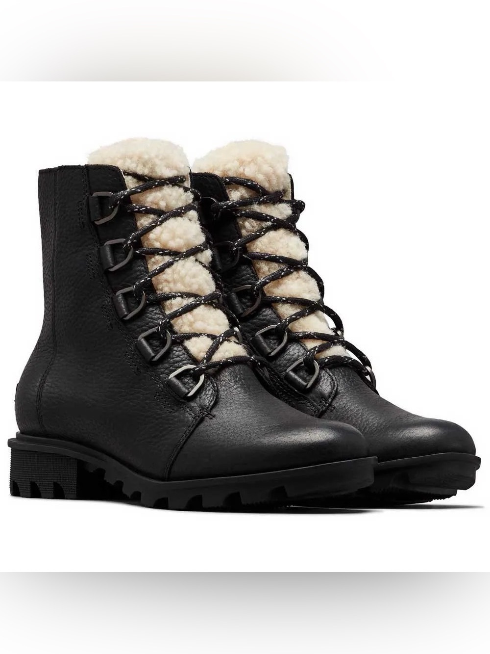Sorel Black Leather Lace-Up Ankle Boots with Cream Shearling